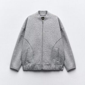 Zara Men's Light Gray Textured Bomber Jacket